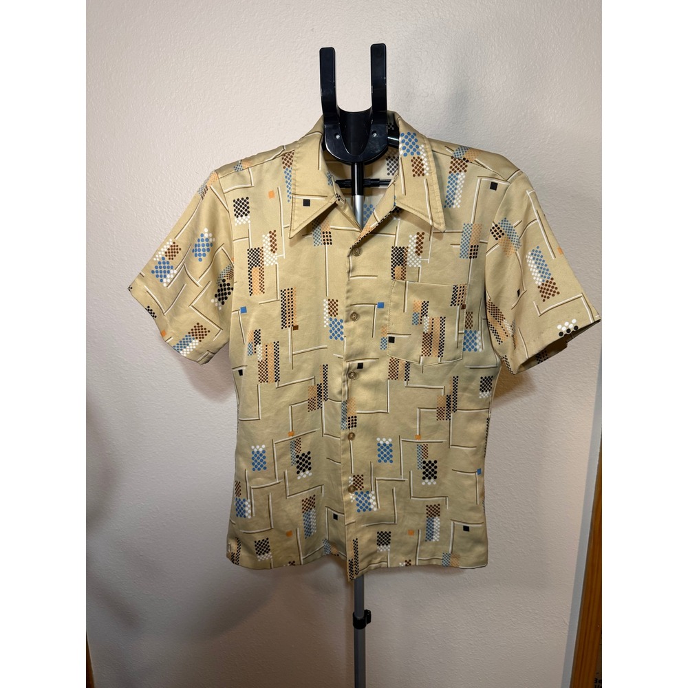 Vintage Paul Howard California Mens Tan Geometric Mid Century Print Shirt Large